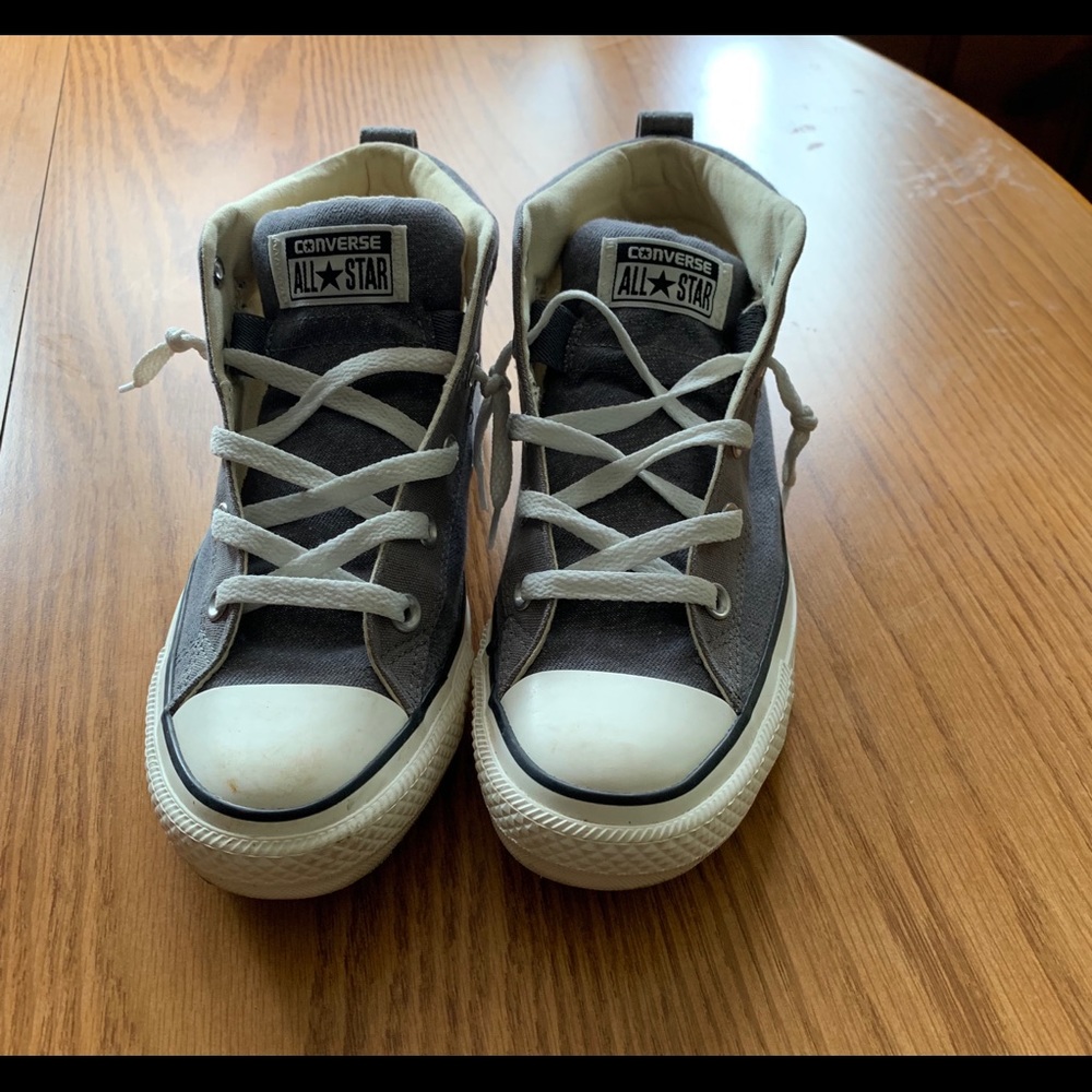 Mid top grey converse. AWESOME and ADORABLE shoes.